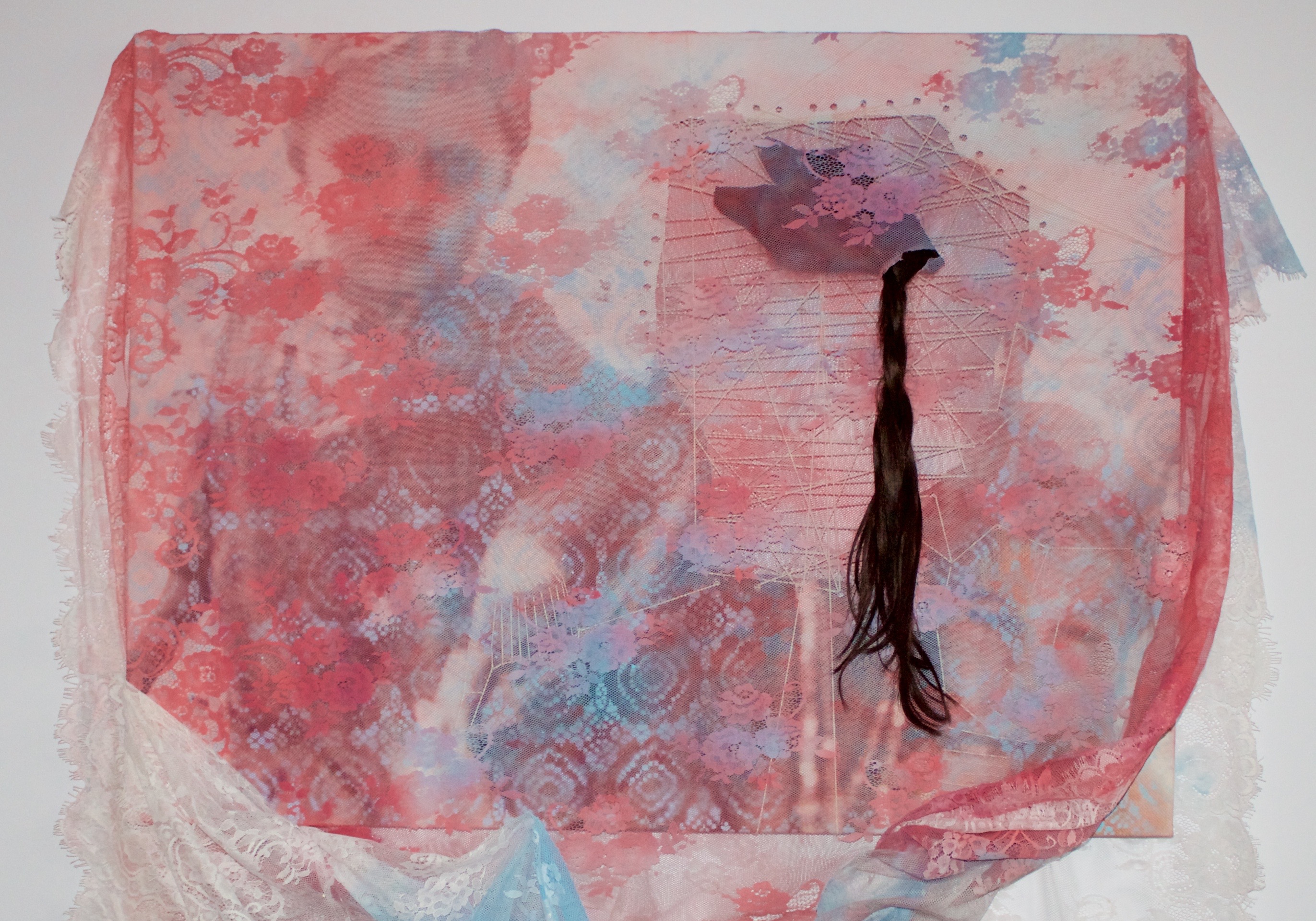 The hair, the veil and the bitter onion, 2019, mixed media painting with veil, unframed, 100 x 100 cm, £1200